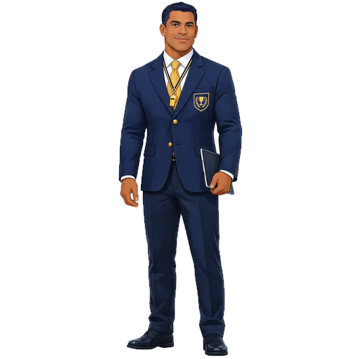 Illustration of The Ref: a commissioner in a navy suit with a trophy crest on the jacket pocket, a gold tie and a gold whistle, holding a folder.